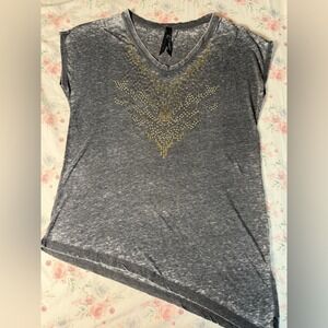 Miss Me Gray Studded Burnout V-Neck Tee Asymmetrical Hem Womens Top XL